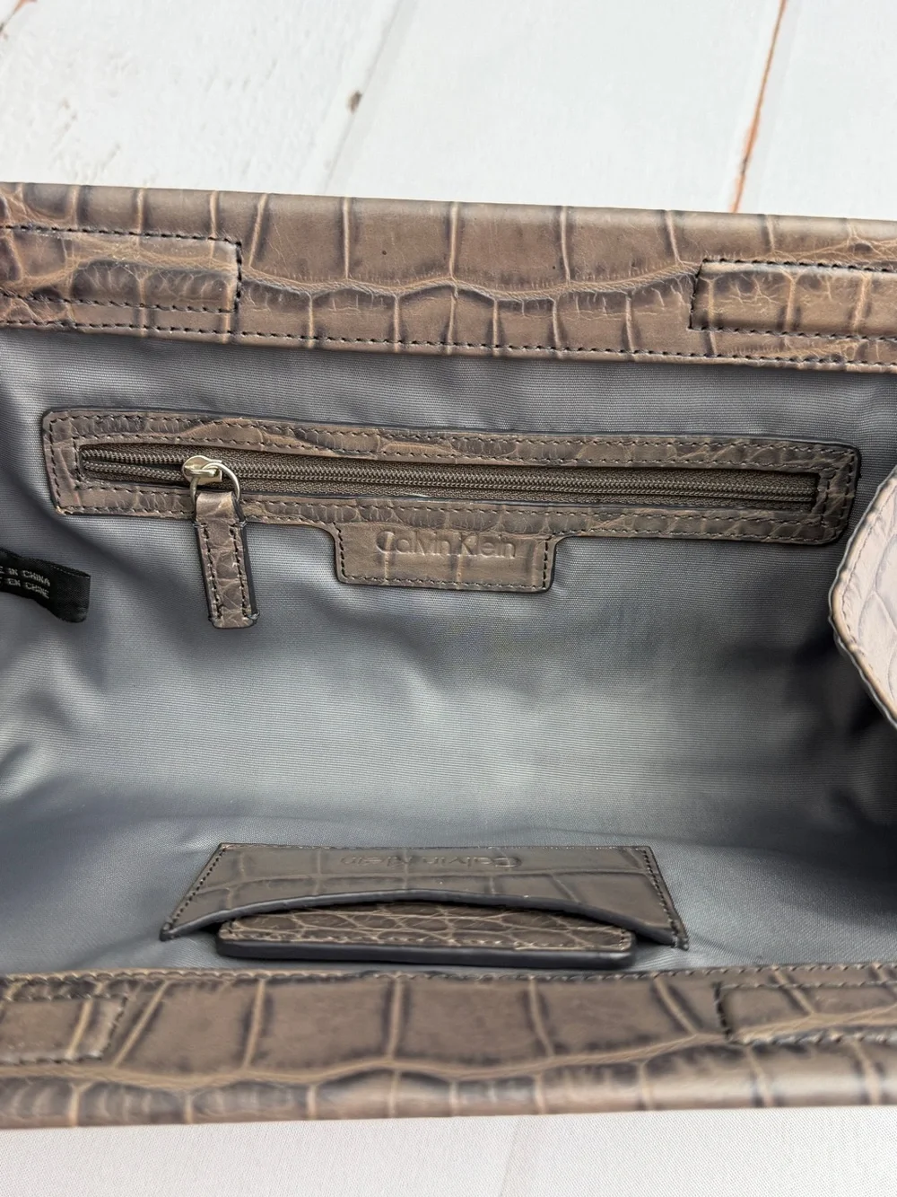Calvin Klein Croc Embossed Clutch Bag Brown Gray Portfolio Handbag